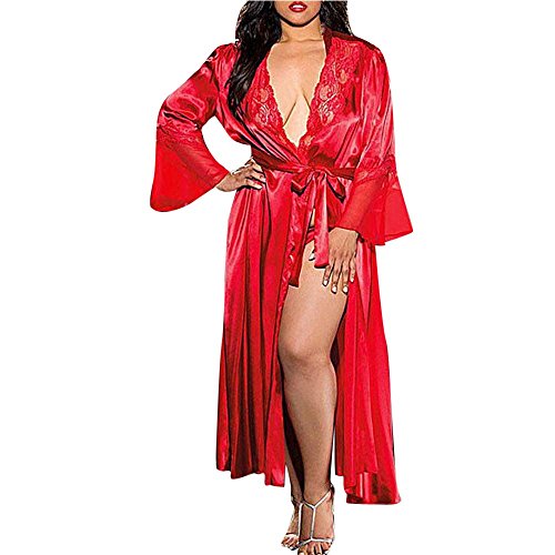 Generisch 2025 - Reizvolle Bath-Spitze Seide Frauen Long Kilono-Unterwäsche Babypad Dressing-Robe Dessous Teenager (Red, XL)
