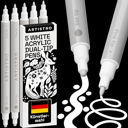 ARTISTRO 5 weiße Acrylstifte, Kunstset, Acrylfarbenmarker mit Doppelspitze (fein 1 mm + Punkt 5 mm), Zeichenset, Marker für Textilien, Leinwand, Stein, Glas, Holz, Papier, Heimwerkerbedarf, Farbmarker
