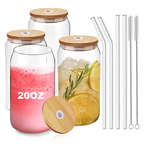 D.M DESIGN·MASTER[4-Stück, 590ml-Premium Trinkgläser mit Bambusdeckel und Glasstrohhalmen, Longdrinkgläser, Dosenförmige Glasbecher, Perfekt für Bier, Cocktails, Eiskaffee, Eistee und Soda.