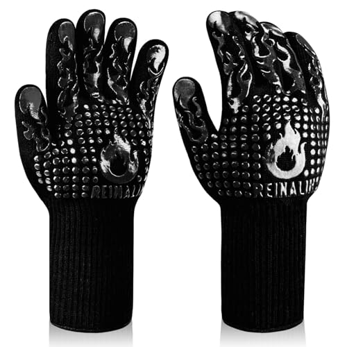 Reinalin Grillhandschuhe Hitzebeständig bis 800°C, Ofenhandschuhe Topfhandschuhe Feuerfeste Handschuhe BBQ Handschuhe Kochhandschuhe Backhandschuhe Backofenhandschuhe (L/XL/XXL, Schwarz)