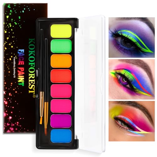 Teekerwan 8 Farben Neon Face Paint Liner Make-up, Water Activated Eyeliner Palette UV Glow Longlasting Fluorescent Gesicht und Körper Farbe mit Pinsel für Halloween Weihnachten