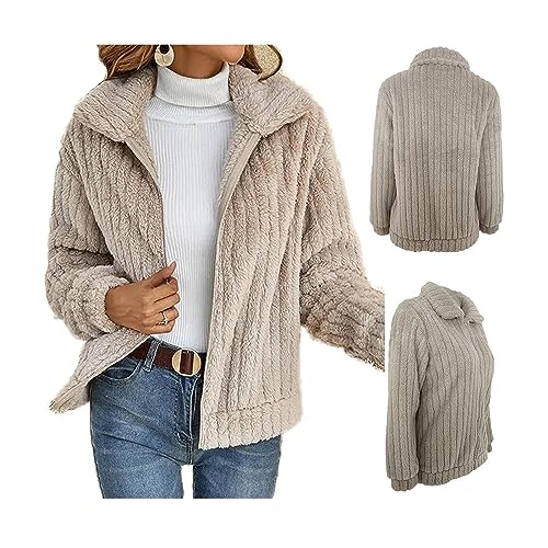 LinZong Women's Short Jacket Lapel Zipper Winter Coat,Fluffy Faux Fur Long Sleeves Cardigan,Fall Warm Plush Fleece Casual Top (XL, Beige)