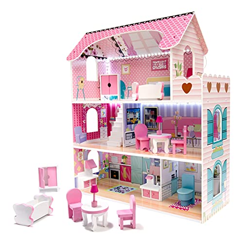 XXL Puppenhaus aus Holz mit LED Beleuchtung | Große Puppenstube mit Möbeln und Zubhör | 3 Etagen + Balkon | Spielset für Kinder Mädchen Jungs | Traumhaus für Puppen in Pink | Großes Dollhouse Kit Set