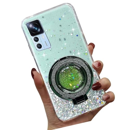 Tivenfezk Nadoli Sparkle Treibsand Ständer Hülle für Xiaomi 12T/12T Pro,Versteckt Ständer Ring Klar Glitzer Stern Handyhülle Durchsichtig Bling Schutzhülle Case Cover,Grün