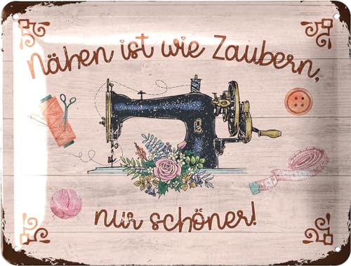 LANOLU Schild Nähen ist wie Zaubern Deko Geschenk für Näherin - Blechschilder retro für Nähstube, Farmhouse Deko für Nähzimmer, Geschenke für Nähbegeisterte und ihre Nähmaschine 15x20cm