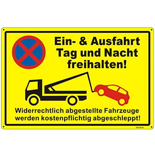 Goodvia Ein und Ausfahrt Freihalten Schild Metall Reflektierend 45×30 cm, Schild Parken Verboten Ein- & Ausfahrt Tag und Nacht Freihalten Einfahrt Freihalten Schild Alu Groß