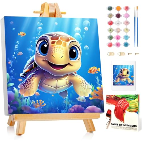 Malen Nach Zahlen Kinder mit Rahmen, Meeresschildkröte Malen Nach Zahlen ab 5 6 7 8 9 10 Jahre Mädchen und Junge, Paint by Numbers für Geschenke und Wand Dekoration 20x20cm Mit Staffelei