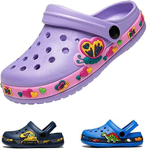 DRECAGE Unisex Kinder Clogs Pantoffeln Dinosaurier Gr.24-33 EU, Eva Gartenclogs Gummi Badeschuhe Hausschuhe für Jungen Mädchen 32 EU Violett