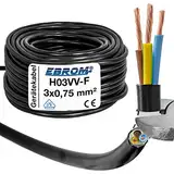 EBROM Kunststoff Schlauchleitung RUND, Kabel, Stromkabel, Leitung, Gerätekabel H03VV-F 3x0,75 mm² Farbe: schwarz, viele Längen in 5 Meter Schritten bis 200 Meter 3G0,75 mm2, Ihre Kabellänge: 15 Meter