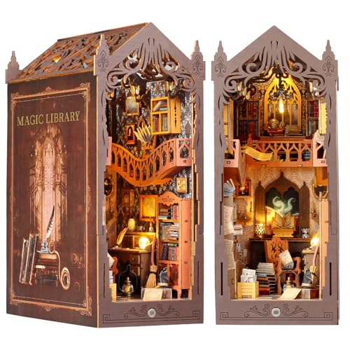 Diealles Shine DIY Book Nook Kit, 3D Holzpuzzle Book Nook Library mit LED-Licht, DIY Puppenhäuser Miniatur Haus Modellbausatz für Bücherecke Weihnachten Geburtstag Geschenke