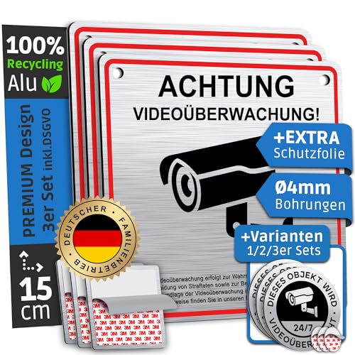 SCHILDERBOXX® 3er Set Schild Videoüberwachung DSGVO [15x15cm, 100% Alu, 3M Tape] - Aufkleber Videoüberwacht Privatgrundstück, Kameraüberwachung Grundstück Video Überwacht, Achtung Kamera Überwachung