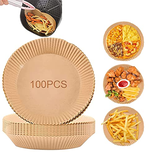 Backpapier Air fryer Rund, 100 Stück Antihaft-Einweg-Luftfritteusen Pergamentpapier für Heißluftfritteuse Bratpfanne Ofen Bratpfanne, Backpapier für Heißluftfritteuse(6.3IN)