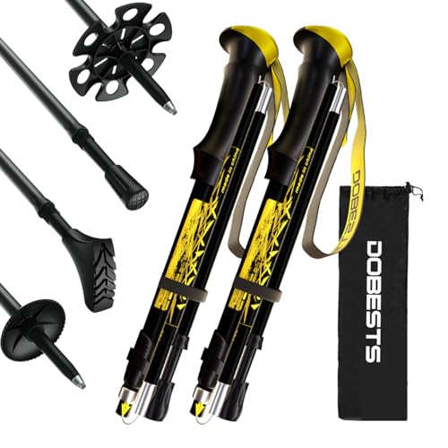 DOBESTS Wanderstöcke, Nordic Walking Stöcke Aluminium, mit extra Gummipuffer und Tragebeutel, Faltbare Leichte Trekkingstöcke für Damen und Herren, Wanderstock Verstellbar 110cm-130cm, Schwarz/Gelb