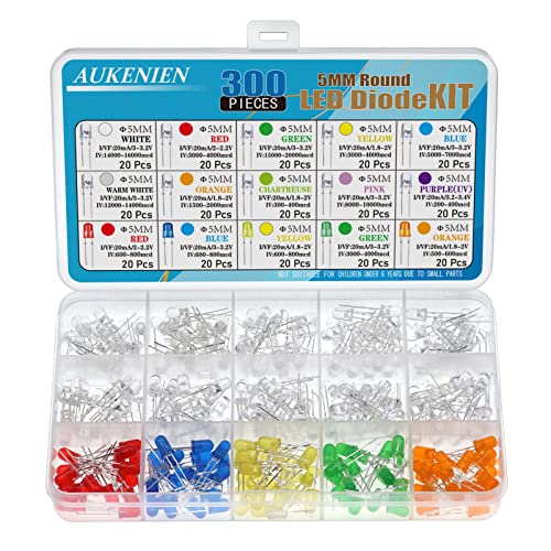 AUKENIEN 15 Farben Leuchtdioden 5MM LED Dioden Leuchtdiode Sortiment Kit Rundkopf LED Licht Diffus Dioden Set Rot Blau Gelb Grün Weiß Warmweiß Orange Rosa Lila Chartreuse (20 Stück Jede Farbe)