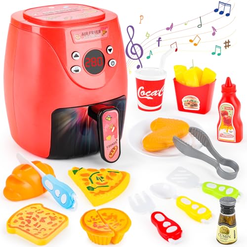 deAO Fritteuse, Heißluftfritteuse für Kinder mit Sound,Licht, Anzeige der Temperatur, Farbwechselndes Lebensmittelzubehör,Little Chef Grill-Spielset, Rollenspielsets Kinder Zubehör für Küchenspielzeug