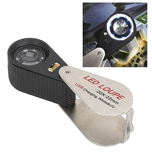 20-fache Juwelier-Lupe mit LED und UV-Licht, Wiederaufladbare Taschen-Faltlupe, Mini-Lupe aus Metall für Juweliere, Briefmarken-Philatelisten und Münzen-Numismatiker