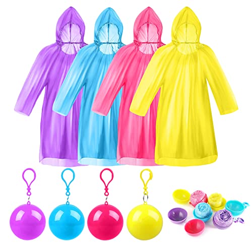 Viaky 4 Stück Einweg-Regenponchos, tragbar, wasserdicht, Ball mit Schlüsselanhänger-Haken für Erwachsene, Notfall-Regenmäntel für Wandern, Reisen, Outdoor-Aktivitäten, Violett/Himmelblau/Rosa/Gelb