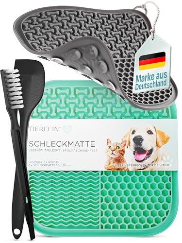 TIERFEIN – Schleckmatte Hund mit Saugnäpfen (2er Set, 20x20 cm) – Schleckmatte Katze zur Beruhigung & Förderung von langsamen Fressen – Leckmatte Hund inkl. Spatel & Bürste, BPA-frei