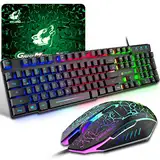 Gaming Tastatur Und Maus Set, QWERTZ German Layout Regenbogen LED Hintergrundbeleuchtung Ergonomische Keyboard 6 Tasten 2400 DPI Maus und Mauspad, USB Verkabelt, Kompatibel mit PS4 Xbox, Schwarz