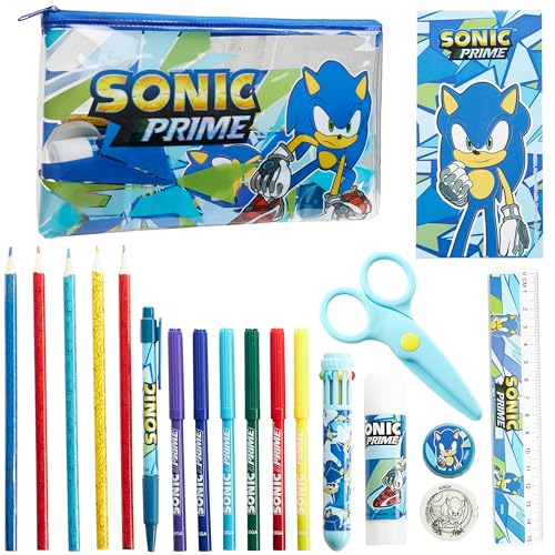 SONIC THE HEDGEHOG Zeichnen Set, Gefülltes Federmäppchen Jungen mit Stiften & School Supplies - Geschenke für Jungs