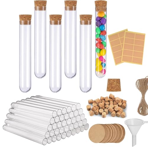 Zbssny 30 Stück Reagenzglas mit Korken Kunststoff 18x105mm Set (62-teilig) inkl Etiketten, Schnur & Trichter Für Liquids, Bonbons, Gewürze Deko