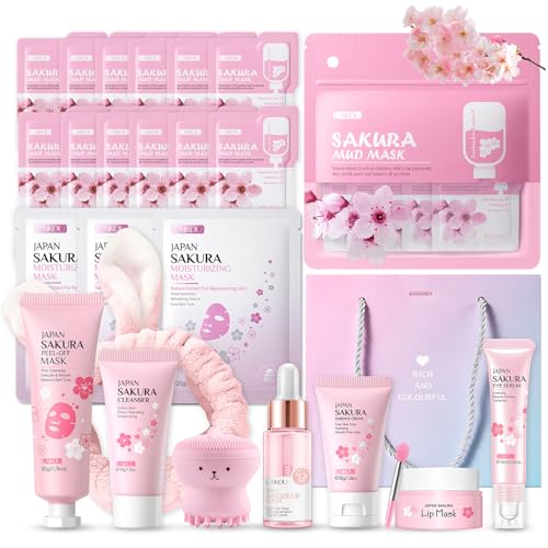 Sakura Sakura Gesichtspflege Set Feuchtigkeit Hautpflege Sets-Serum, Gesichtscreme, Reiniger, Augenserum, Mask, Schlammmaske, Geschenke Set für Gesicht Reinigung & Pflege Skincare Set, 11-tlg
