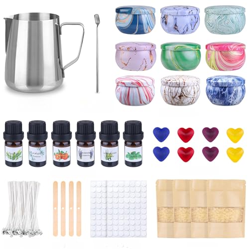 Kerzen Selber Machen Set,Kerzenherstellung Kit,DIY Kerzenherstellung Set ,Duftkerze Geschenke mit 480 g Wachs, 9 Kerzendosen, 100 Kerzendochten, 112 Dochtaufklebern, 6 ätherischen Ölen, 8 Farbblöcken