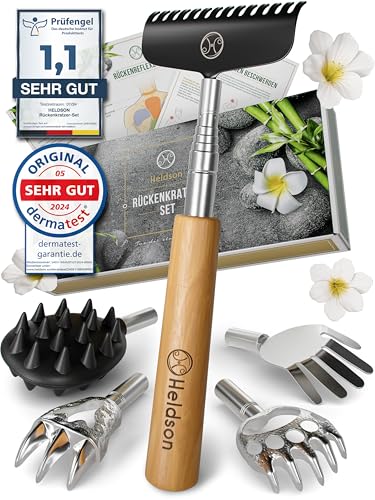 HELDSON® Rückenkratzer Holz EXTRA STABIL [6 Kratzvarianten] - Kratzhand Rückenkratzer Teleskop ausziehbar - Back Scratcher - Rücken Massage Kratzer - Geschenk für Senioren, Frauen & Männer