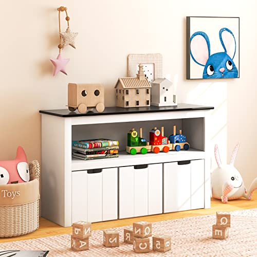 DREAMADE Kinderregal Spielzeugschrank mit 3 Schubladen auf Rollen, Spielzeugaugbewahrug für Kinder, Spielzeug-Organizer Spielzeugregal für Kinderzimmer Wohnzimmer, 102x33x62cm (Schwarzes Top)