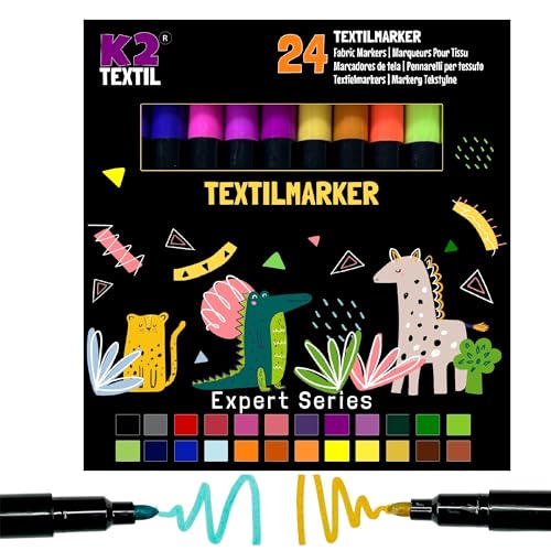 K2 TEXTIL 24 Textilstifte Waschmaschinenfest, Textilmarker zum Bemalen, Textilfarben für Textilien & Schuhe, Stoffmarker - Für Kinder Geeignet (24er Pack)