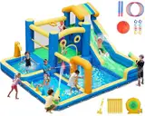 Hüpfburg für Kinder, 10 in 1 Aufblasbare Hüpfburg mit Wasserrutsche, Wasserspritzern, Klettern, Springen, Fußballfeld und Basketballkorb, XXL Hüpfburg mit Gebläse für den Innen- und Außenbereich