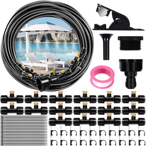 Purpledi Sprühnebel Kühlung Bewässerungs System, 78PCS Outdoor Misting System Nebel-Kühlsystem mit 15M Schlauch und 16 Metalldüsen,Geeignet Outdoor-Nebel-Kühlsystem für Terrasse, Garten (A)