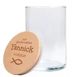 Personalisiertes Vorratsglas mit Holzdeckel | zur Konfirmation (Fisch) | Konfirmationsgeschenk | mit Wunschnamen und Wunschdatum graviert | Geschenkidee für den Konfirmanden
