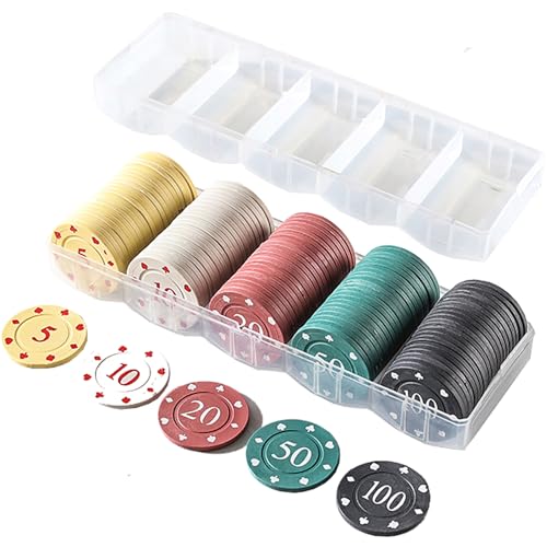 AGD LIGHTS 100PCS Pokerchips, Pokerkoffer und Transparenter Kasten Kunststoff Poker Set 5 farbige Zählzähler für Home Game Poker Party Card Club