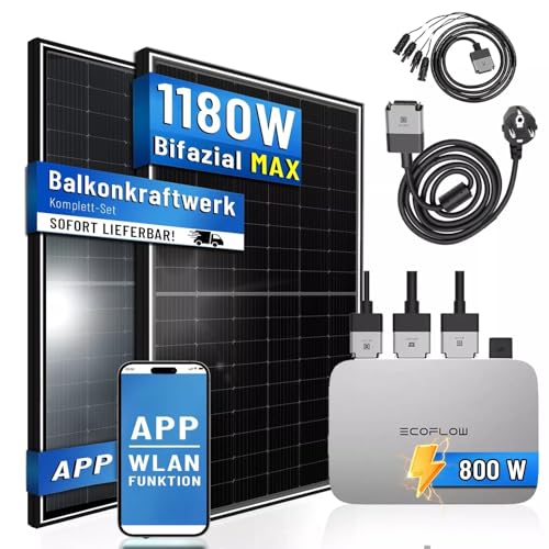 PIANETA Balkonkraftwerk BIFACIAL 1180W/800W Solaranlage mit 800W ECOFLOW Micro Wechselrichter WiFi Bluetooth, upgradebar drosselbar, 2x445W Bifaziale Marken Solarmodule von TW Solar