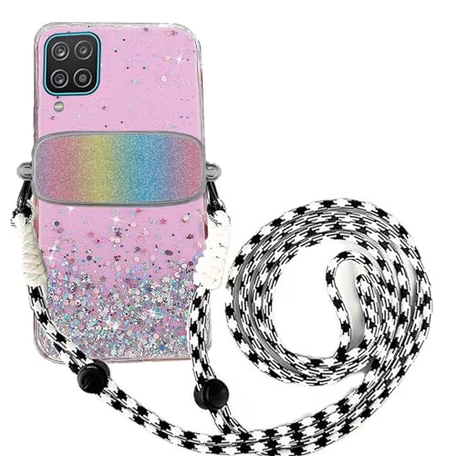 Tivenfezk Nadoli für Samsung Galaxy A22 5G Glitzer Handykette Hülle,Silikon Bling Durchsichtig Crossbody Tasche zum Umhängen Schutzhülle mit Telefon Clip Halter Band