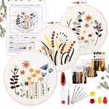 YINVA Anfänger Stickerei Set Stickerei Set, Blumenmuster Pflanzen Kreuzstich-Kit Starter Tools Kit mit 3 Stück Kunststoff-Stickrahmen, für DIY Kunst, Handwerk, Nähen