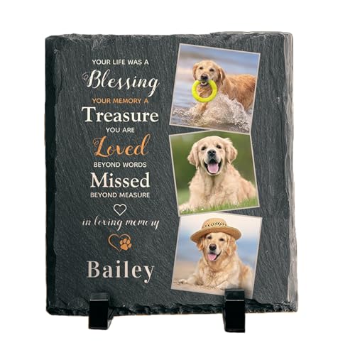MOMGEGE Tiergrabstein Personalisiert mit Foto Text – Naturstein Gedenktafel Grabplatte für Hund, Katze andere Haustiere – Wetterfest für Garten Zuhause (Quadrat-006)