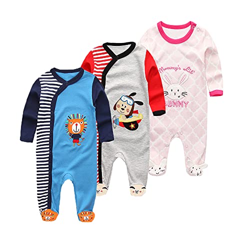 Chamie Baby Schlafanzug Strampler Langarm für Baby Jungen und Mädchen, Doppelter Reißverschluss und Halsschutz, 0-3m/3-6m/6-9m/9-12m