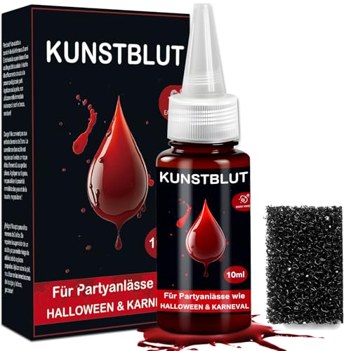 Kunstblut Halloween Fake Blood Blut - 10ml Halloween Blut +Grober Schwamm für Kleidung und Haut, Kunst Blut Auswaschbar für SFX Make up Theaterschminke Zombies Vampire Cosplay