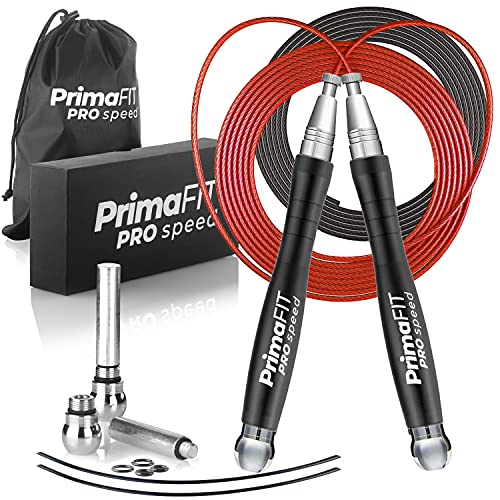 PrimaFIT Springseil Erwachsene Fitness Pro Speed Jump Rope 3m Seilspringen Verstellbar Mit Gewichten, 2 Kugellager & Anti-Rutsch Griffe, Profi Skipping Für Boxen, MMA, Crossfit, Extra Stahlseil,Tasche