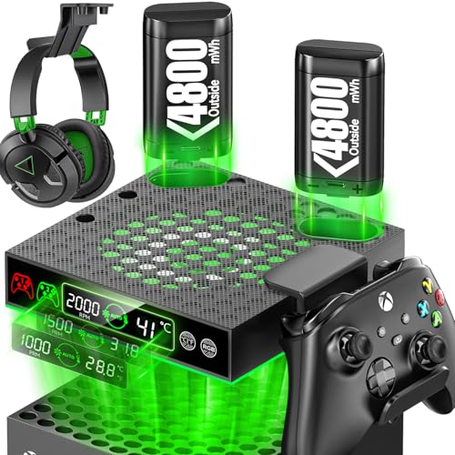 Lüfter für Xbox Series X & Series S Konsole mit 2 Packs 4800mWh Xbox Controller Akkus, Auto Einstellbares Kühler mit Modi eingebaut, mit Controller & Headset Halterungen