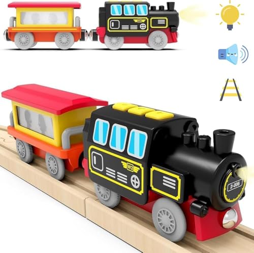 Batteriebetriebenes Lokomotivzug-Set für Holzschienen, Leistungsstarke Lokomotivzugfahrzeuge, Kleinkinderzug Elektrofahrzeuge mit Lichtern und Geräuschen, Kompatibel mit Thomas, Brio, Chuggington