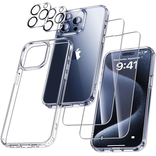 UniqueMe 5-in-1-Set für iPhone 15 Pro Max Hülle, [Nie Vergilbung] Handyhülle für iPhone 15 Pro Max Case Rundumschutz Schutzhülle Cover [1 Handyhülle+2 Schutzfolie+2 Kameraschutz] Transparent