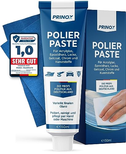 PRINOX® 150ml Polierpaste inkl. Profi Poliertuch I Politur für Acrylglas, Lacke, Gelcoat gfk, Chrom & Kunststoffe I Entfernt Mattierungen & Mikro Kratzer