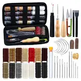41 Stück Leder Nähen Set, Werkzeug Set Mit 14 Farben Gewachstem Garn, Zinkenstanze, Nähahle, Nähnadeln und Aufbewahrungstasche