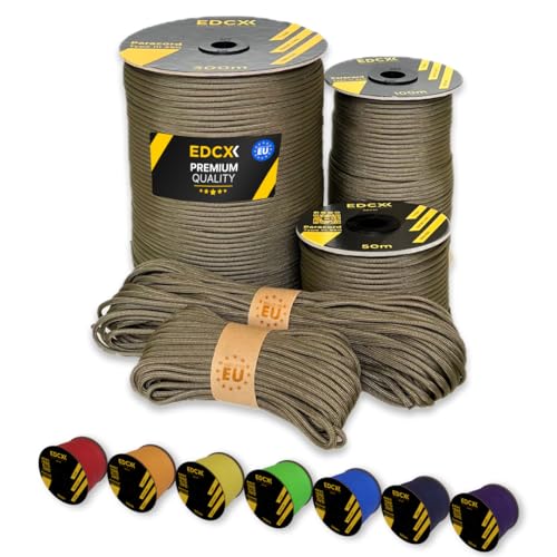 EdcX Paracord 4 mm, 35+ Volltonfarben (10 m, 15 m, 30 m, 50 m, 100 m, 300 m) | Ideal zum Basteln, Camping, Outdoor | 100% Nylonseil 4 mm| Taktische Schnur 550 Typ III (Light Khaki, 15 m)