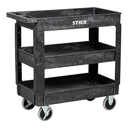 STIER Kunststoff-Vielzweckwagen, 3 Etagen, 250kg Tragkraft, 87x43x85cm, 2 Feststeller, Montagewagen, Werkzeugwagen, Rollwagen robust, Tool cart, Mehrzweckwagen