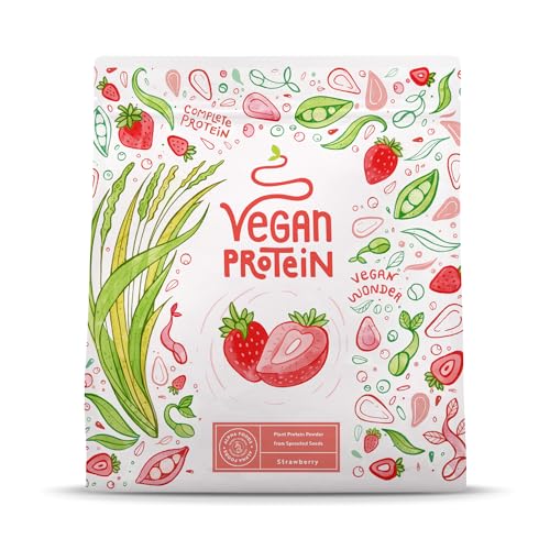 Vegan Protein - ERDBEERE - Pflanzliches Proteinpulver aus gesprossten Reis, Erbsen, Chia-Samen, Leinsamen, Amaranth, Sonnenblumen- und Kürbiskernen - 600 Gramm Pulver