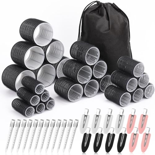 Lockenwickler Set mit 24 Rollen (6 Jumbo, 6 groß, 6 mittel, 6 klein) und 24 Clips für alle Haarlängen (Schwarz)